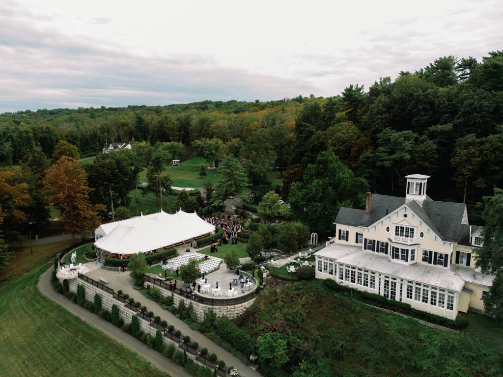 Aerial view of the Inn at Taughannock Falls wedding venue on Cayuga Lake in Trumansburg NY