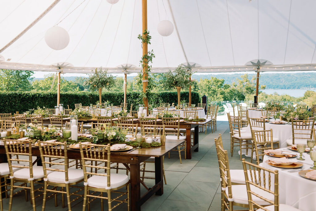 Wedding reception details inside Enchantment tent Inn at Taughannock Falls
