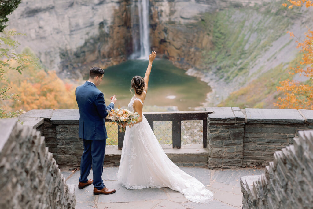 Bride and groom at Taughannock Falls overlook Finger Lakes wedding photography